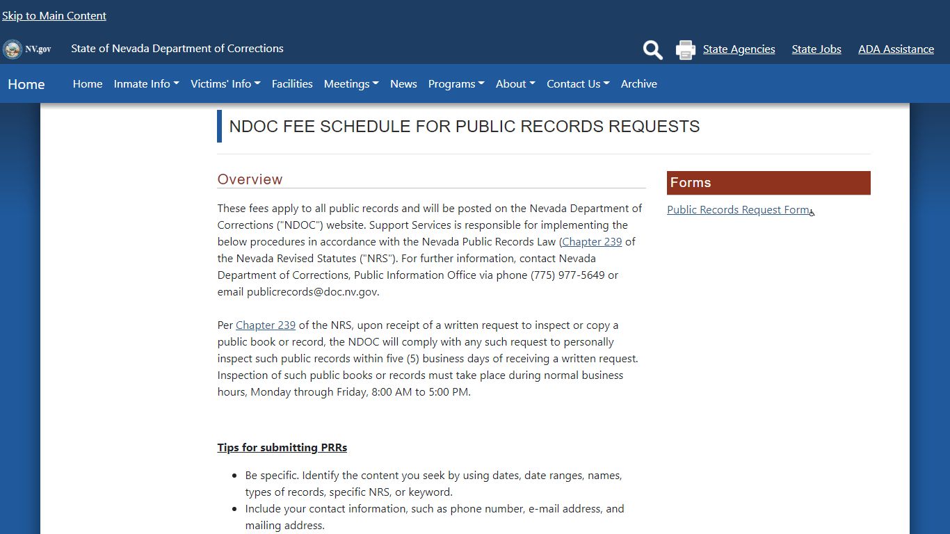 Inmate Public Records Fees | Nevada Department of Corrections